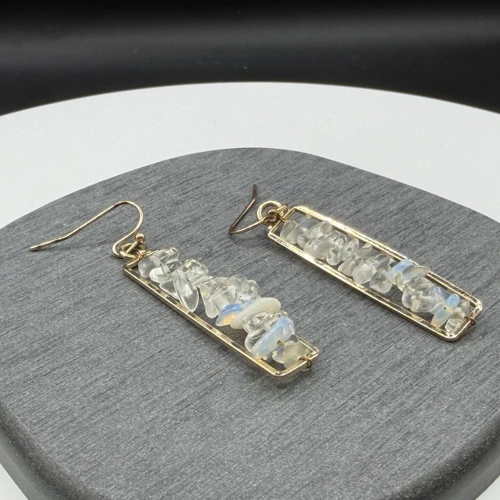 Gold Tone Clear Crystal Iridescent Chip Bar Drop Earrings Boho Statement Gift